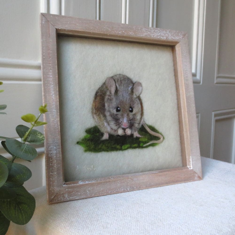 An original handmade needle felted wool picture of a wood mouse in a distressed natural wood box frame.