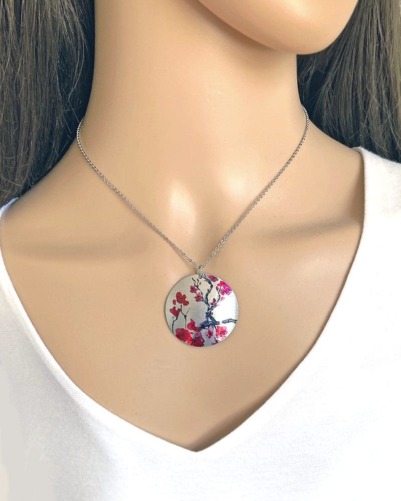 Sakura flowers pendant, handmade jewellery, aluminium metal bangle, cuff bracelet