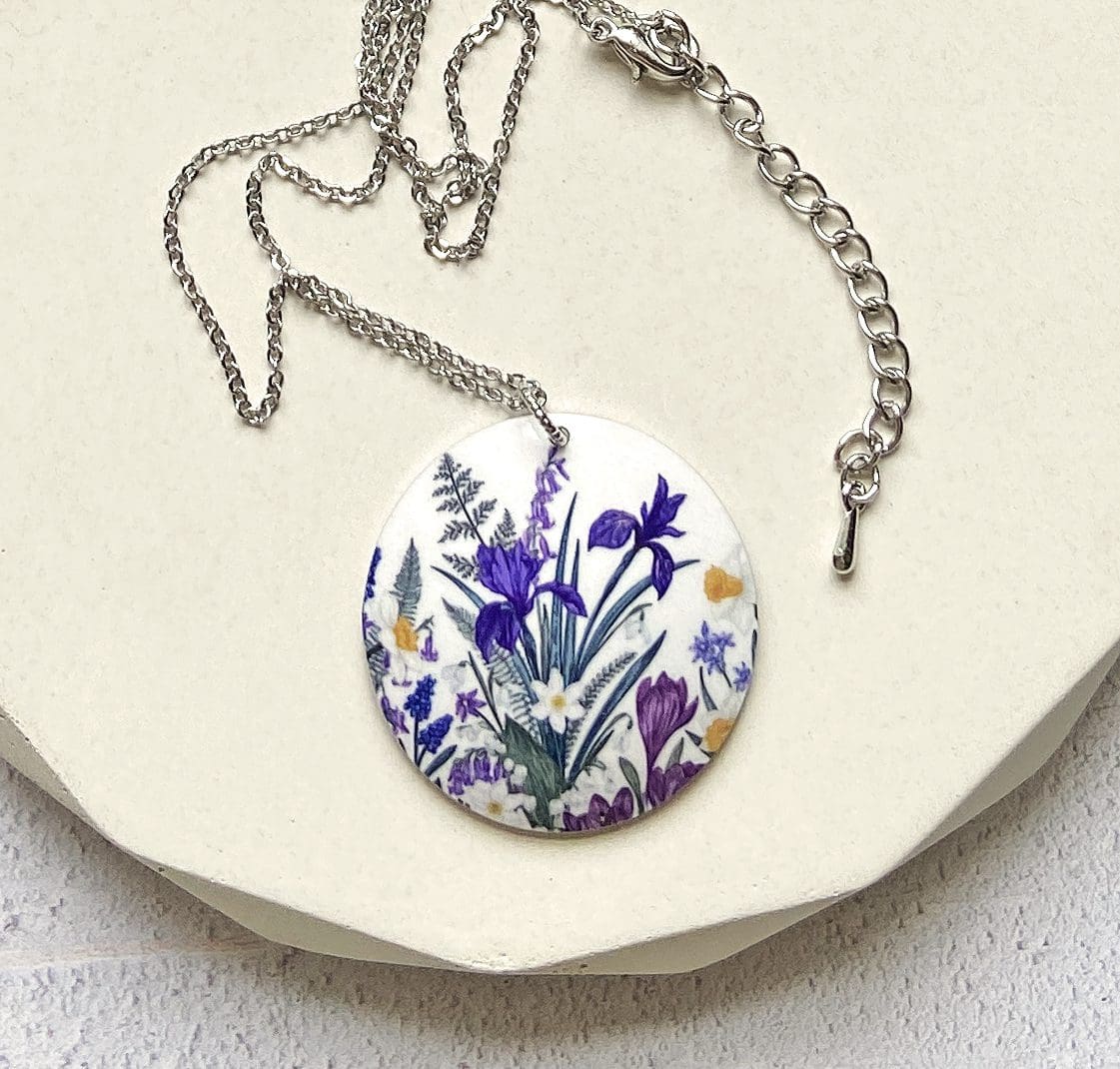 Iris, flowers, floral, daffodil, crocus, spring, pendant, necklace, purple, violet, beige, disc, round, circle, handmade UK