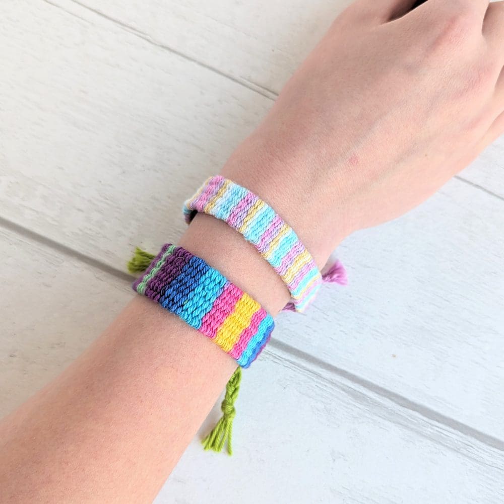 woven bracelets on an arm