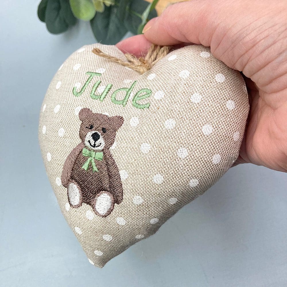 Side view embroidered teddy bear heart