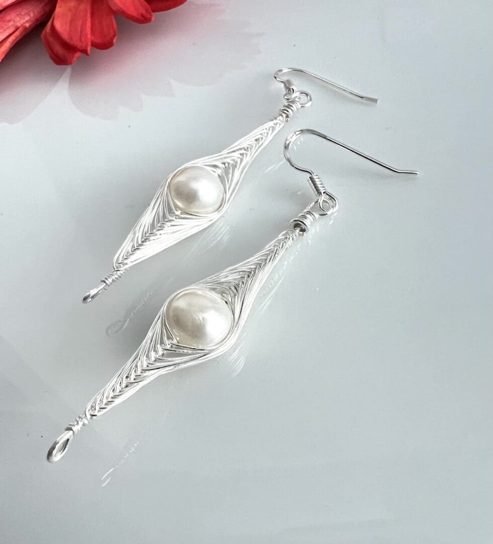 Silver Herringbone Earrings with Freshwater Pearls - TBCH