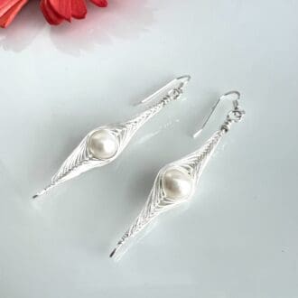 Silver Herringbone Earrings with Freshwater Pearls - TBCH