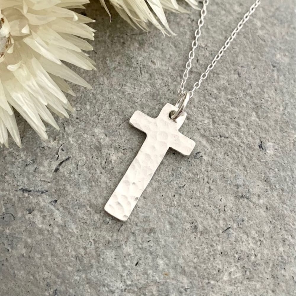 Sterling-Silver-Textured Rustic Christian Cross Necklace