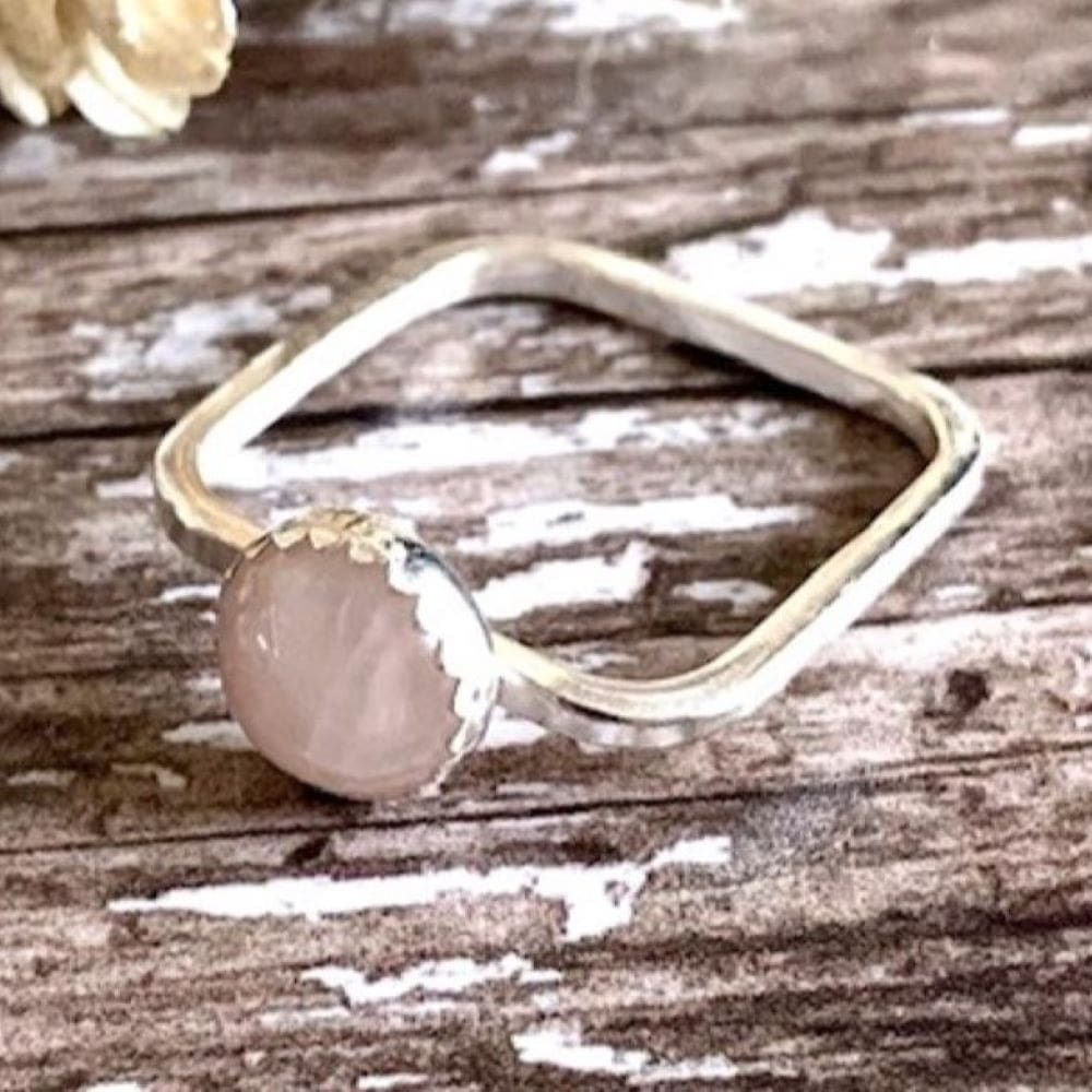 Sterling Silver and Rose Quartz Gemstone Square Ring