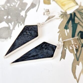 Handmade Kite Shaped Drop Earrings with Sterling Silver Frame and Inlayed with Pearlescent Charcoal Resin by VJD Design