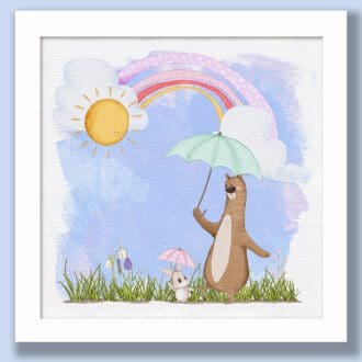 Childrens framed cute animal digital art print, customizable with childs name