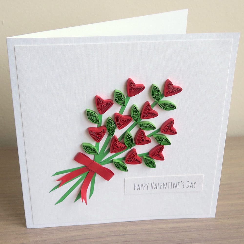 Handmade square Valentine's Card with a bouquet of quilled red tulips and a "Happy Valentine's Day" greeting