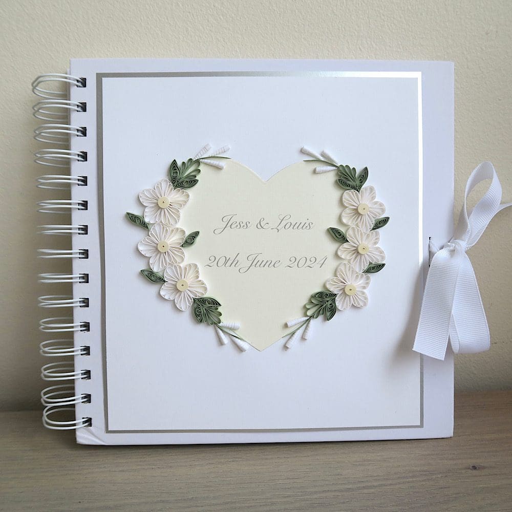 Personalised wedding guest book with cover decorated with quilled flowers