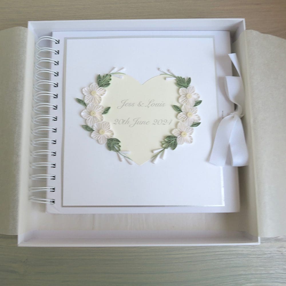 Boxed personalised wedding guest book with quilled flowers