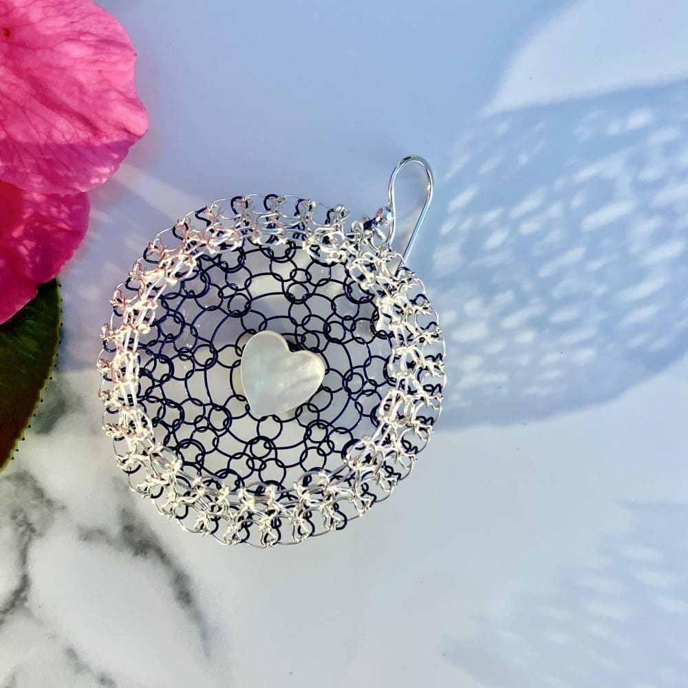 Wire crochet earrings mother of pearl heart