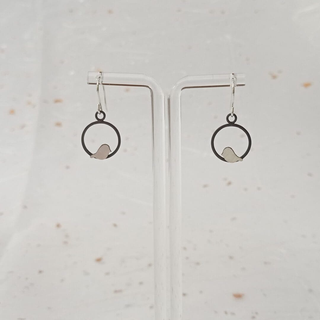 handmade oxidised sterling silver bird drop earrings
