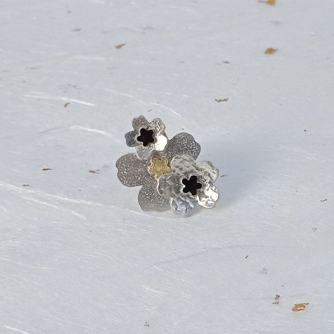 recycled sterling silver, brass and black flowers brooch
