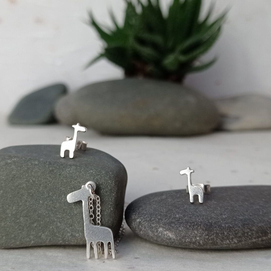handmade recycled sterling silver giraffe necklace and stud earrings