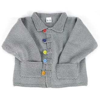 Hand knitted jacket for baby or toddler in grey merino yarn with collar, pockets and colourful buttons