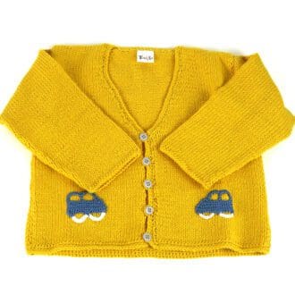 hand knitted yellow toddler cardigan with blue car motifs