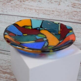 multicoloured mosaic style fused glass trinket dish