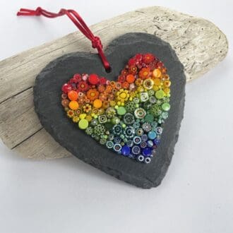 rainbow heart mosaic on slate