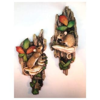 A pair of Wood mouse wall art sculptures by Kirsty Armstrong Sculpture