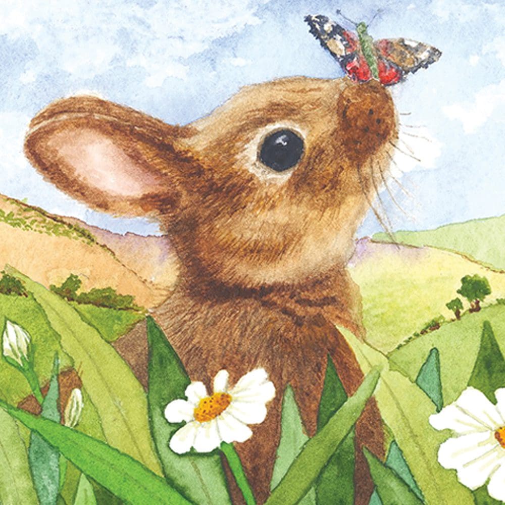 Close up view of a brown rabbit sat amongst white daisies and bright green grasses, with a butterfly resting on his nose.