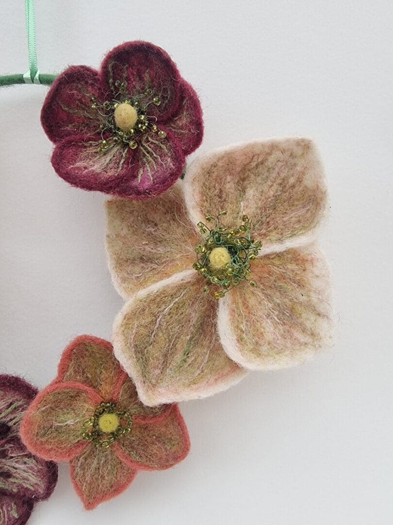 Needle Felted Hellebore Flowers on a ring by Davina Brien- Two Little Hares Designs