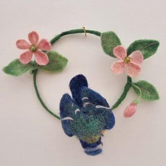 Needle Felted Blue Tit on hanging ring of apple blossoms by Davina Brien - Two Little Hares Designs.