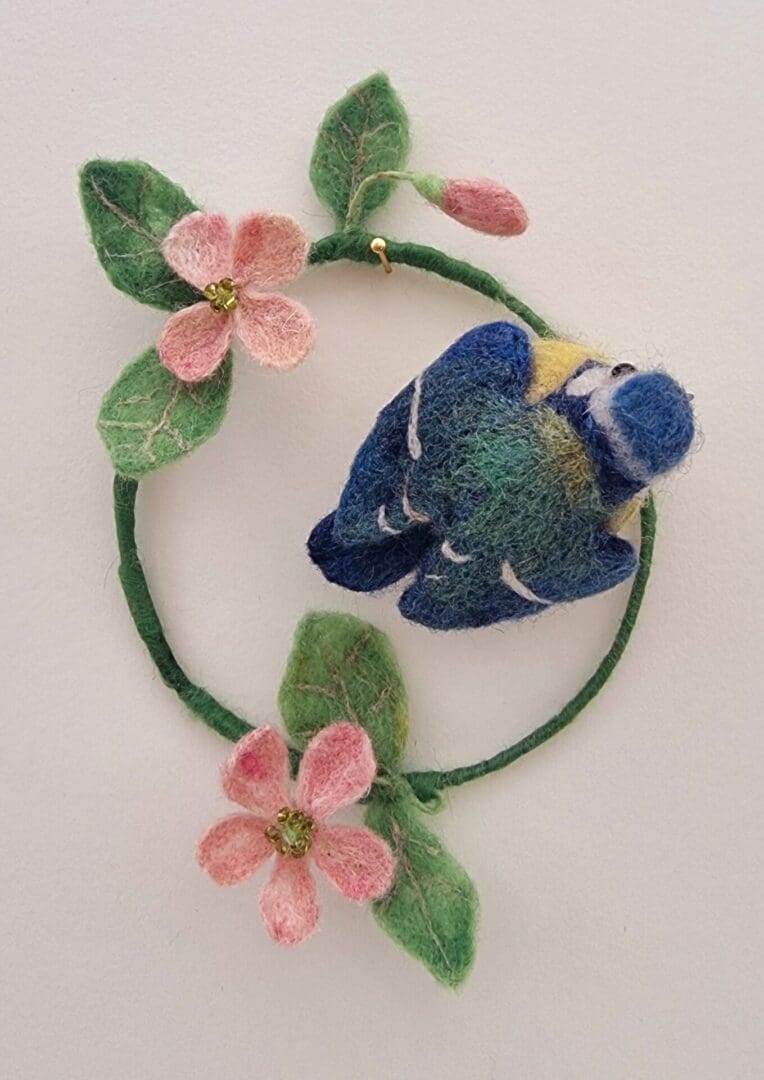 Needle Felted Blue Tit on hanging ring of apple blossoms by Davina Brien - Two Little Hares Designs.