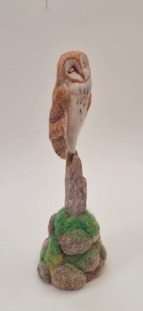 Needle felted barn owl on wooden post and felted base by Davina Brien - Two Little Hares Designs