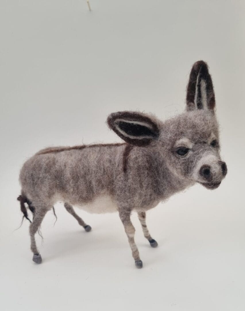 Needle felted donkey with poseable head legs and tail by Davina Brien - Two Little Hares.