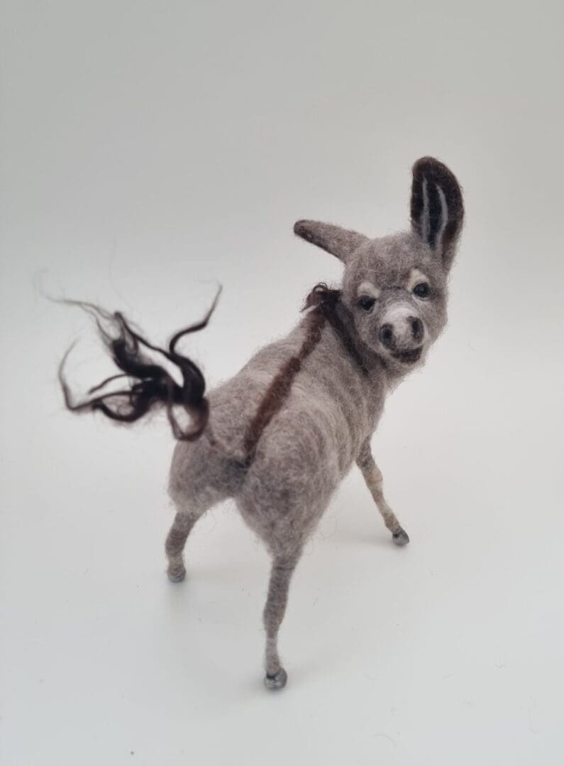 Needle felted donkey with poseable head legs and tail by Davina Brien - Two Little Hares.