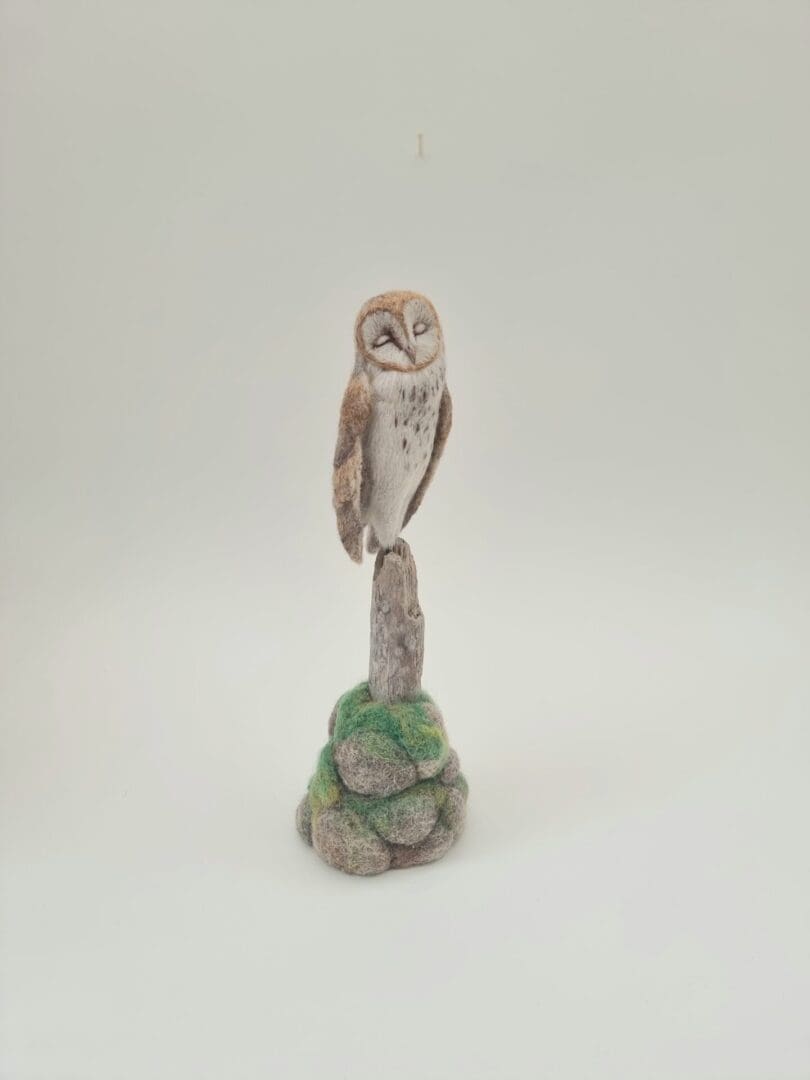 Needle felted barn owl on wooden post and felted base by Davina Brien - Two Little Hares Designs