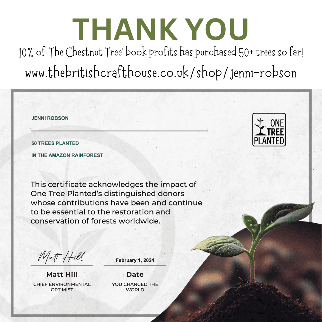 Tree planting certificate for 50 trees in Amazon from sales of The Chestnut Tree Book