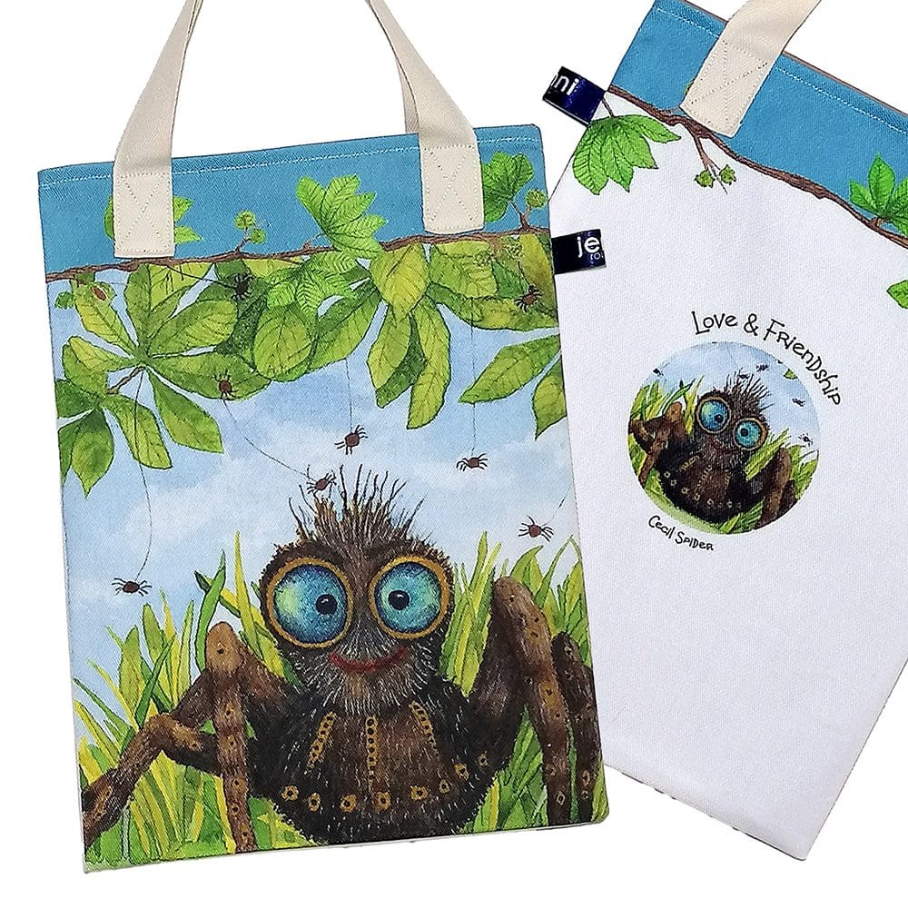 Wildlife bookbag featuring Cecil spider resting amongst the green grass on the bag front and a love and friendship logo on reverse. Turquoise trim on top with chestnut tree branch decoration and pale cream cotton handles