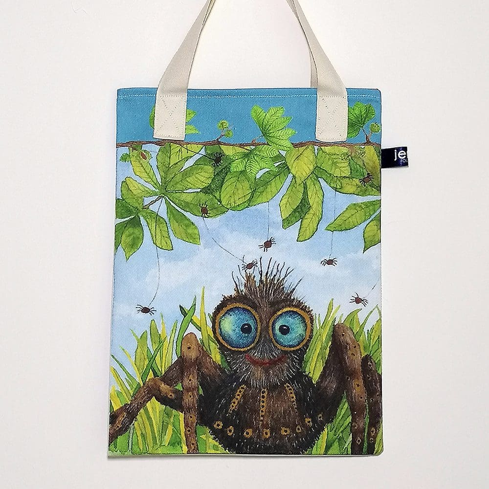 Wildlife bookbag featuring Cecil spider resting in the grasses on the bag front. Turquoise trim on top edge with chestnut tree branch decoration and pale cream cotton handles.