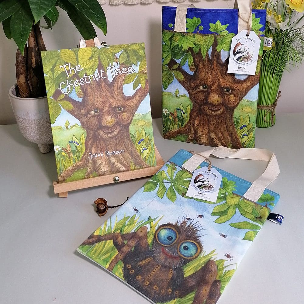 The Chestnut Tree rhyming picture book fits beautifully in the wildlife book bags. Two cotton book bags featuring illustrations of a spider and the chestnut tree
