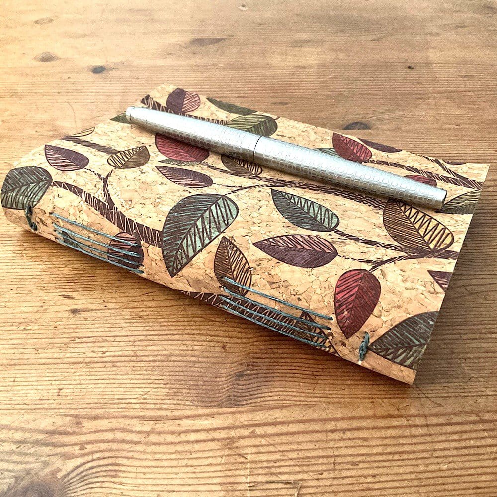 Handmade Cork Journal with a soft cover leaf pattern filled with plain paper