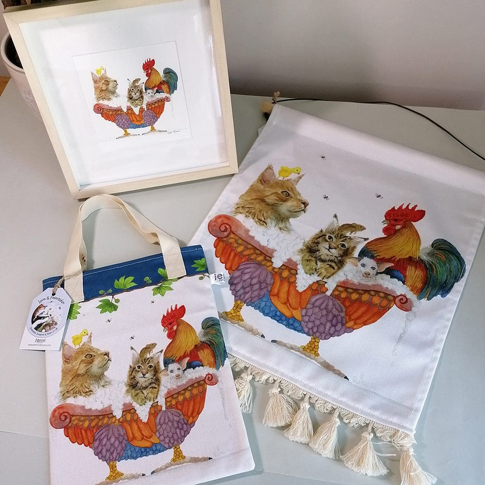 Cats and cockerel share a bubble bath with a mouse and chick to add to the fun. Available as a wall hanging, print and book bag