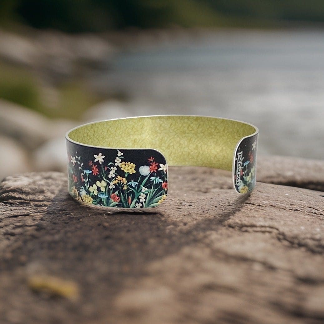Bangle, bracelet, wildflowers, handmade, jewellery, multi coloured, flowers, floral, black, yellow, red, set, UK