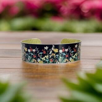 Bangle, bracelet, wildflowers, handmade, jewellery, multi coloured, flowers, floral, black, yellow, red, set, UK