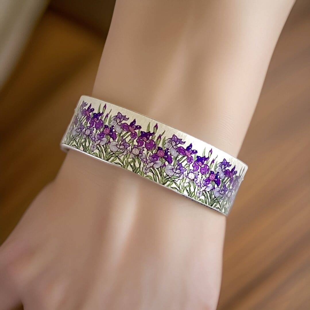 iris, flowers, purple, violet, spring, mothers day, bracelet, bangle, metal, aluminium, handmade, jewellery wrist cuff, UK