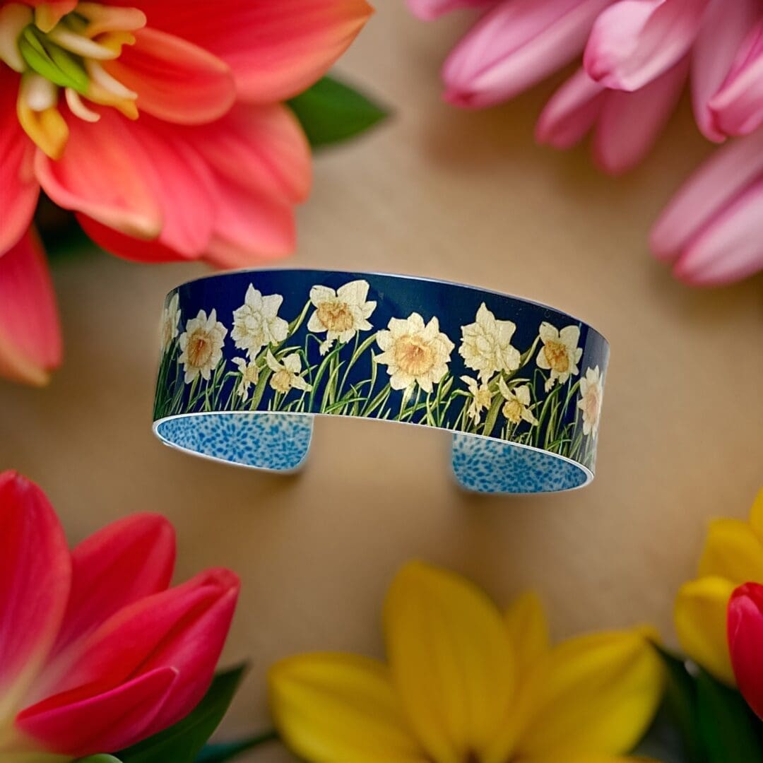 Daffodil, bracelet, bangle, spring, flowers, mothers day, gift, yellow, blue, jewellery, handmade UK, matching set