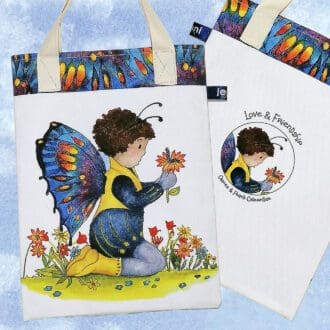 Butterfly bookbag featuring on the front, toddler Casper in a colourful butterfly costume chatting to Frank caterpillar who wants to be a butterfly. On reverse is the 'Love and Friendship logo with a little close up of Casper and Frank. Butterfly wing design trim on top edge and pale cream cotton handles.