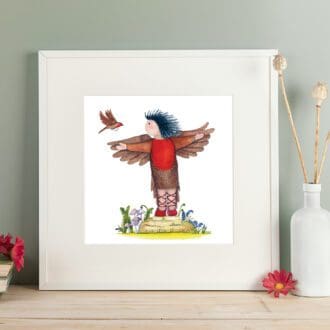 Print of a a young child dressed as a red robin bird discussing the merits of flying with her robin friend. Giclee print with a white mount. Shown in a readily available standard size square white frame