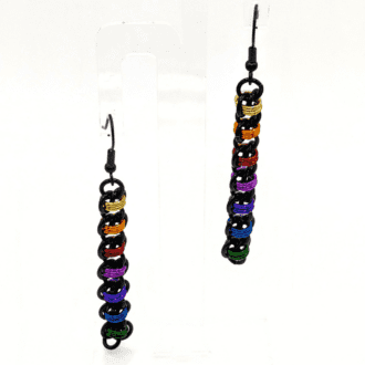 Long thin earrings made with black and rainbow coloured rings woven in the barrel weave. Finished with black stainless steel earwires