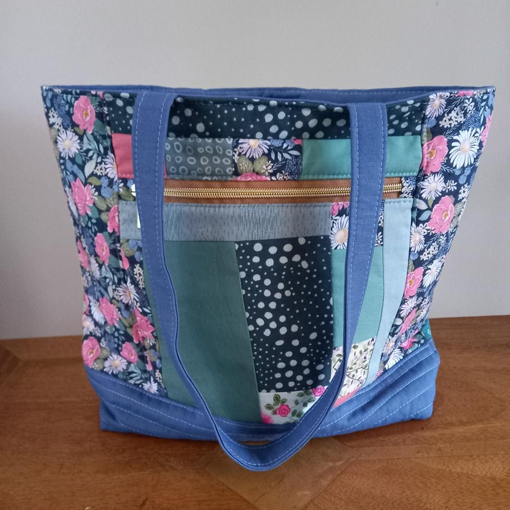 Blue, green and pink patchwork tote bag
