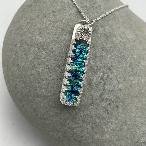 Blue / green ripple effect dichroic glass and silver ammonite necklace