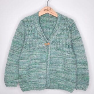 Retro style hand-knitted boys jacket in muted greens.