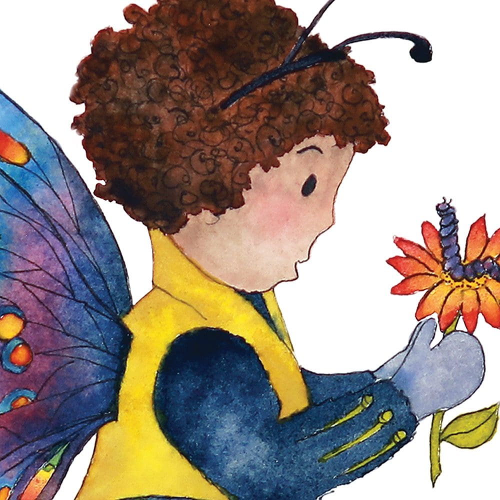 Close up view of a charming little boy in his butterfly costume with his caterpillar friend. Print taken from an original watercolour painting