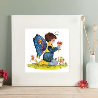 Print of a a young boy dressed as a butterfly with his caterpillar friend, stood amongst the flowers. Giclee print with a white mount. Shown in a readily available standard size square white frame