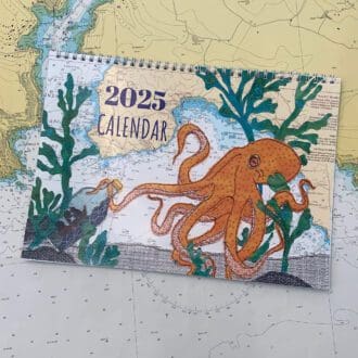 Coastal calendar 2025 with textile art designs created on old sea charts and maps by hannah Wisdom